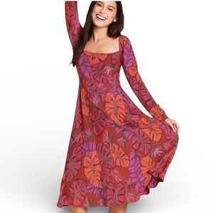 Farm Rio Terracotta Monstera Leaf Smocked Square Neck Midi Dress 304570 Mens M